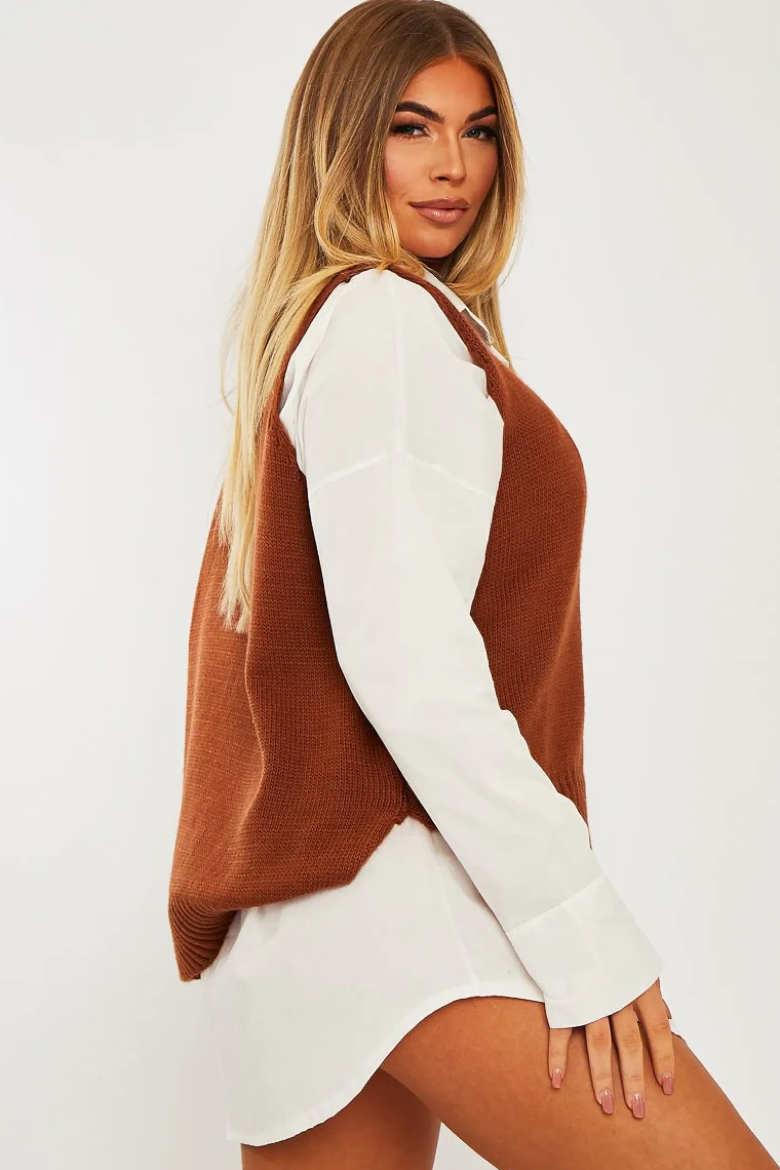 Rebellious Fashion Camel Shirt Insert Knit Vest Top - Caris
