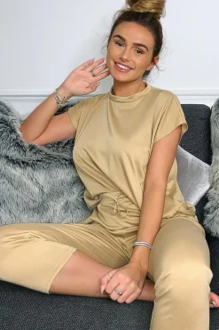 Rebellious Fashion Camel Short Sleeve Crop Jogger Loungewear Set - Aarian