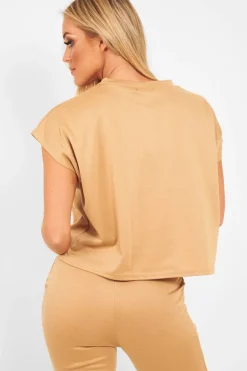 Rebellious Fashion Camel Short Sleeve Crop Jogger Loungewear Set - Aarian