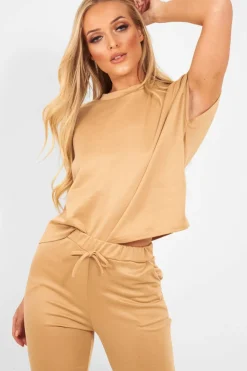Rebellious Fashion Camel Short Sleeve Crop Jogger Loungewear Set - Aarian