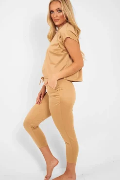 Rebellious Fashion Camel Short Sleeve Crop Jogger Loungewear Set - Aarian