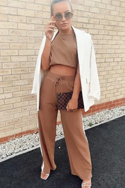 Rebellious Fashion Camel Side Stripe Drawstring Top and Trousers Co-ord - Jadah