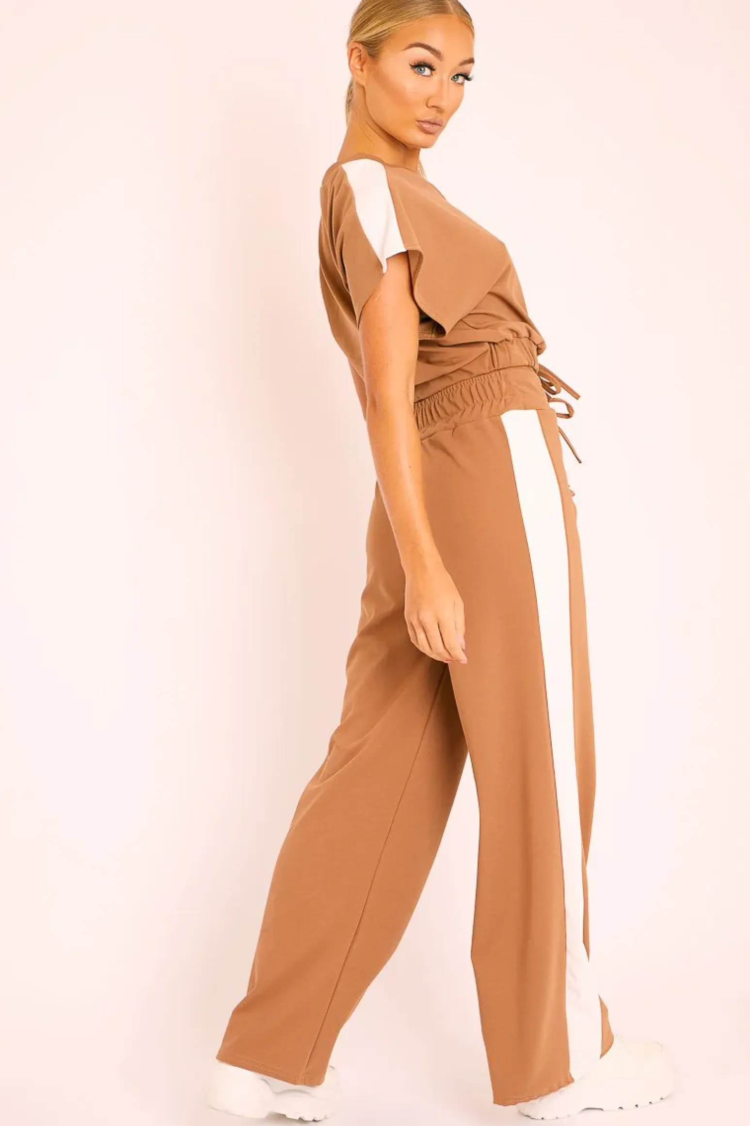 Rebellious Fashion Camel Side Stripe Drawstring Top and Trousers Co-ord - Jadah