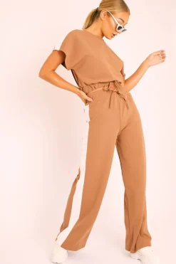 Rebellious Fashion Camel Side Stripe Drawstring Top and Trousers Co-ord - Jadah