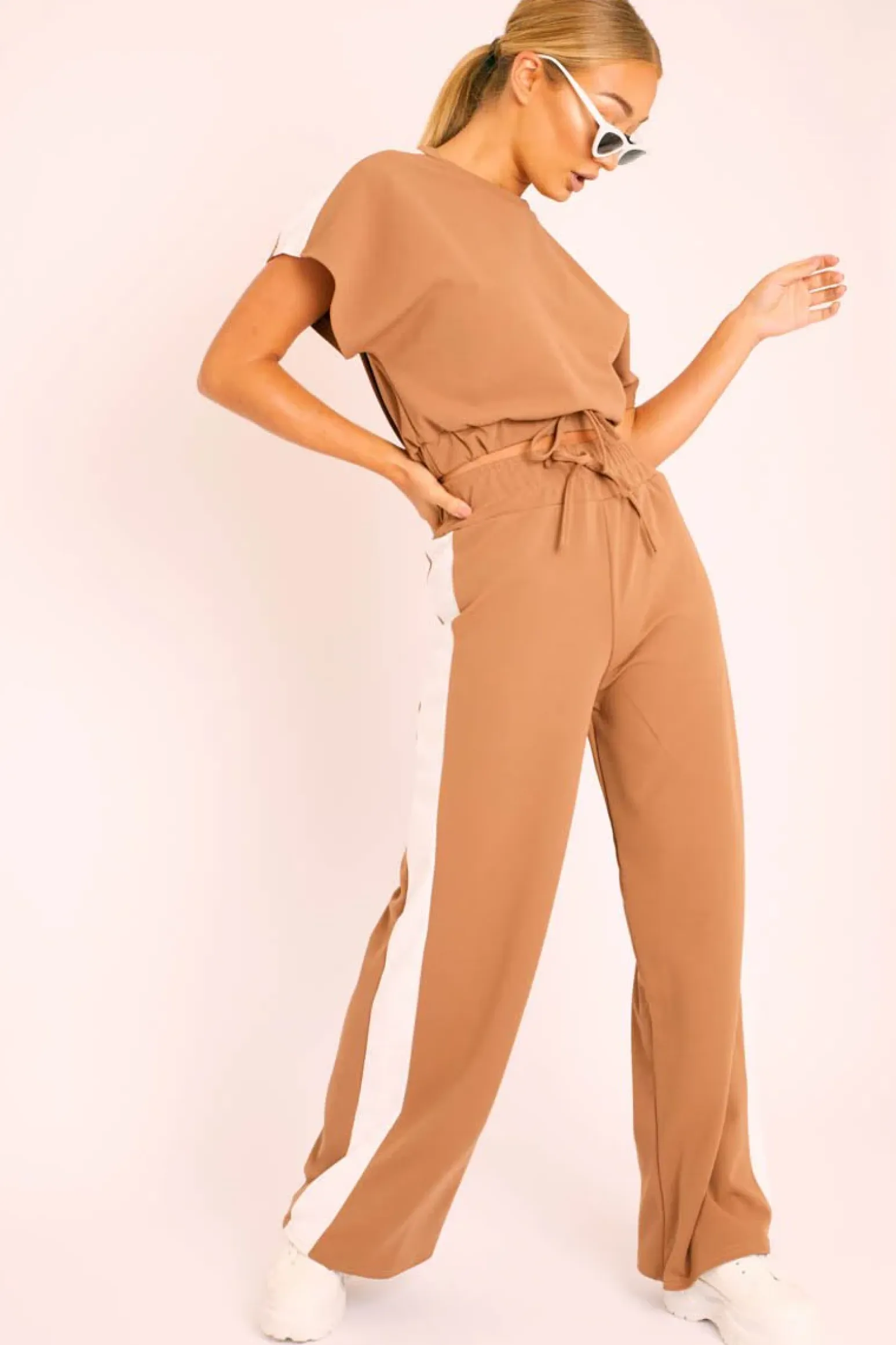 Rebellious Fashion Camel Side Stripe Drawstring Top and Trousers Co-ord - Jadah