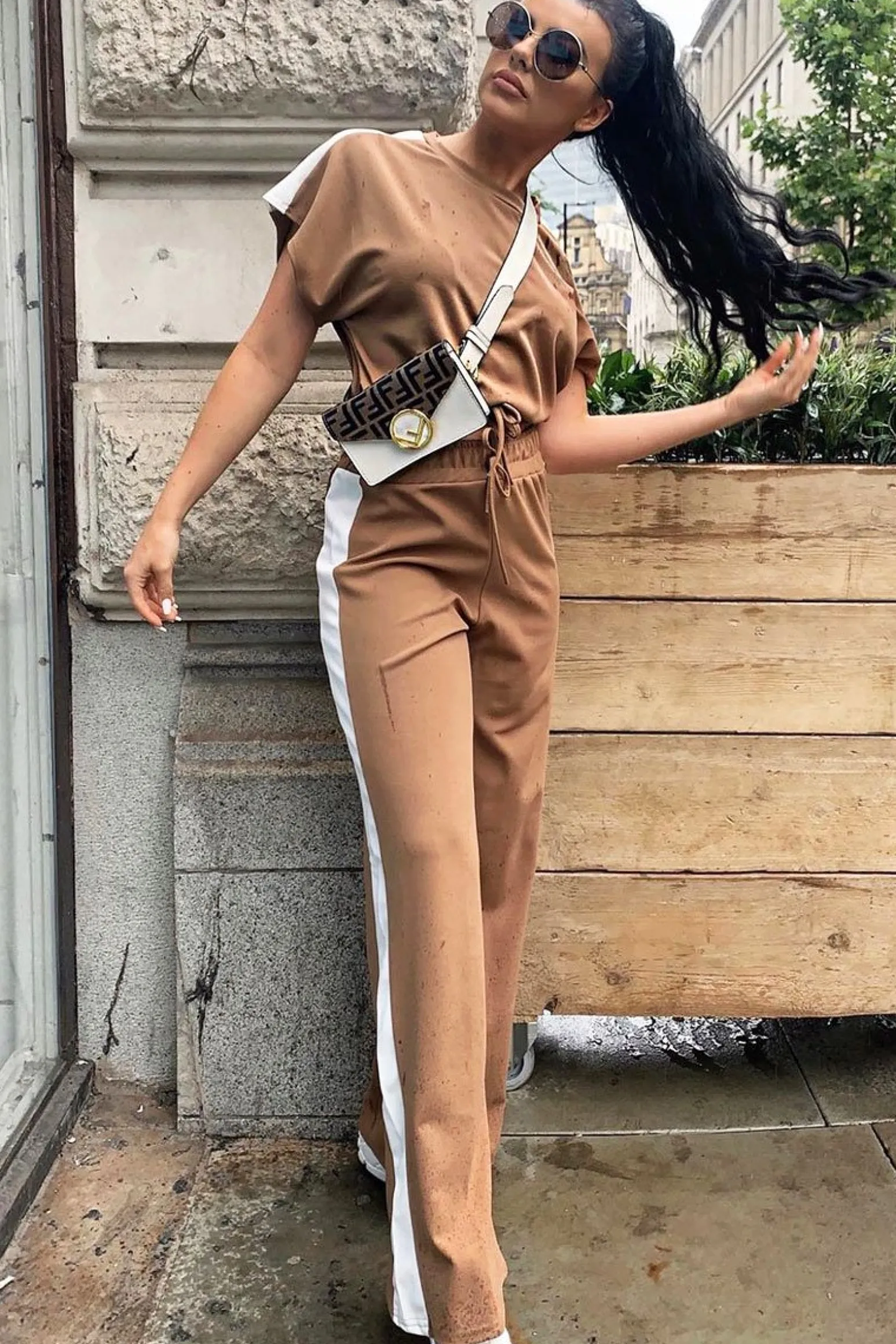 Rebellious Fashion Camel Side Stripe Drawstring Top and Trousers Co-ord - Jadah
