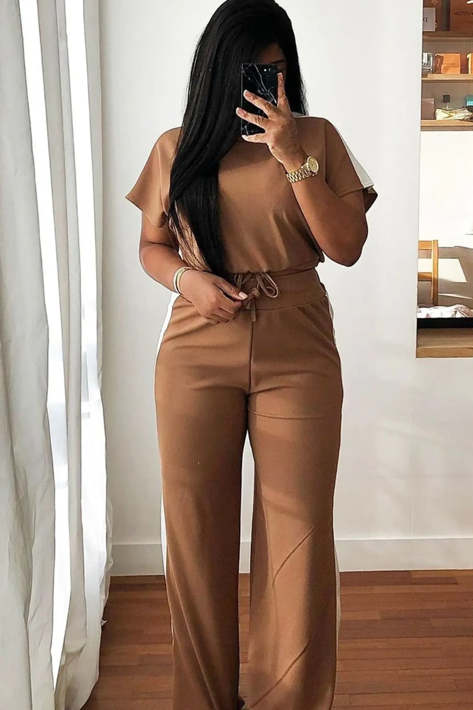 Rebellious Fashion Camel Side Stripe Drawstring Top and Trousers Co-ord - Jadah