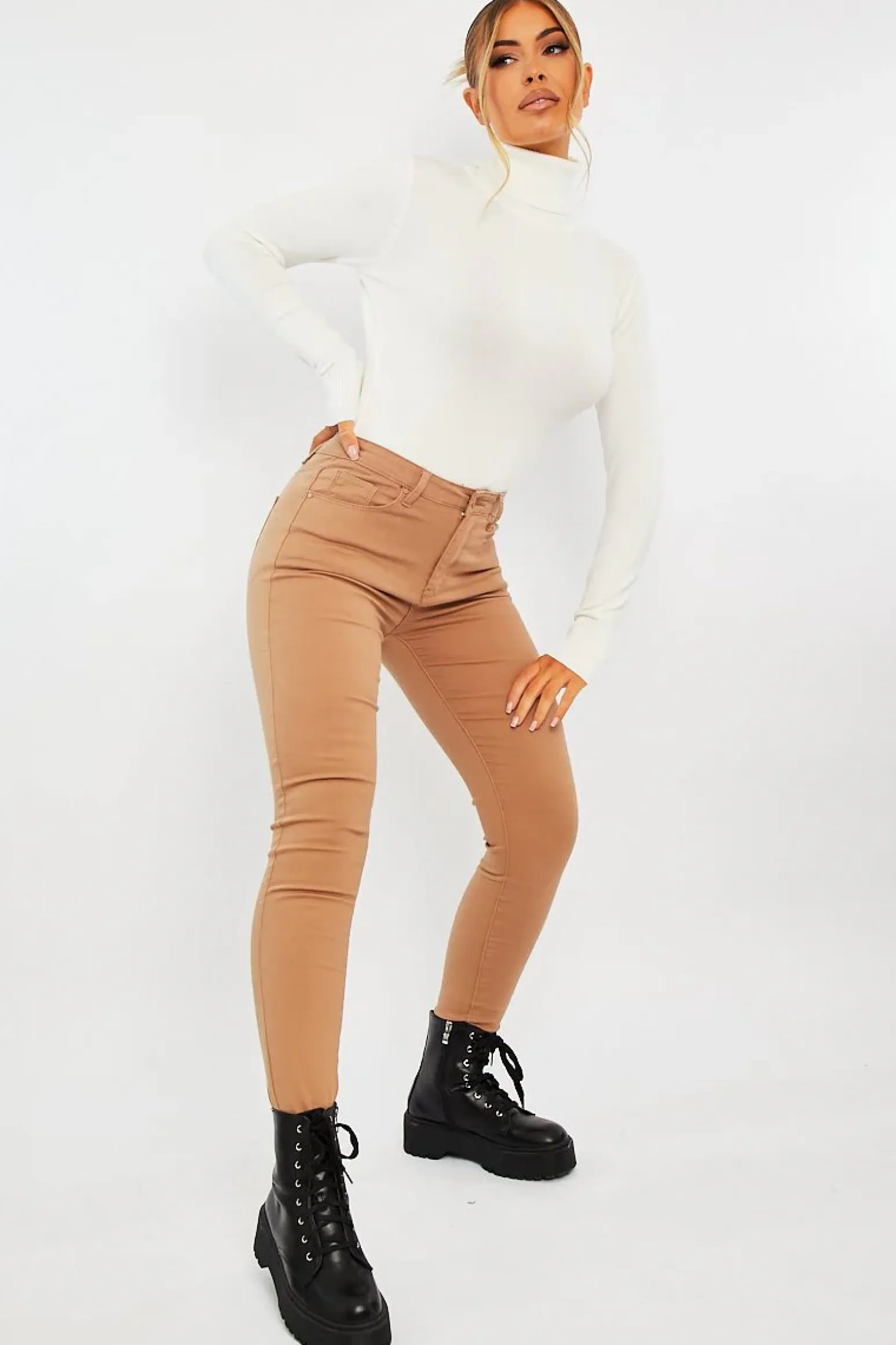 Rebellious Fashion Camel Skinny Stretch Denim Jeans - Maeva