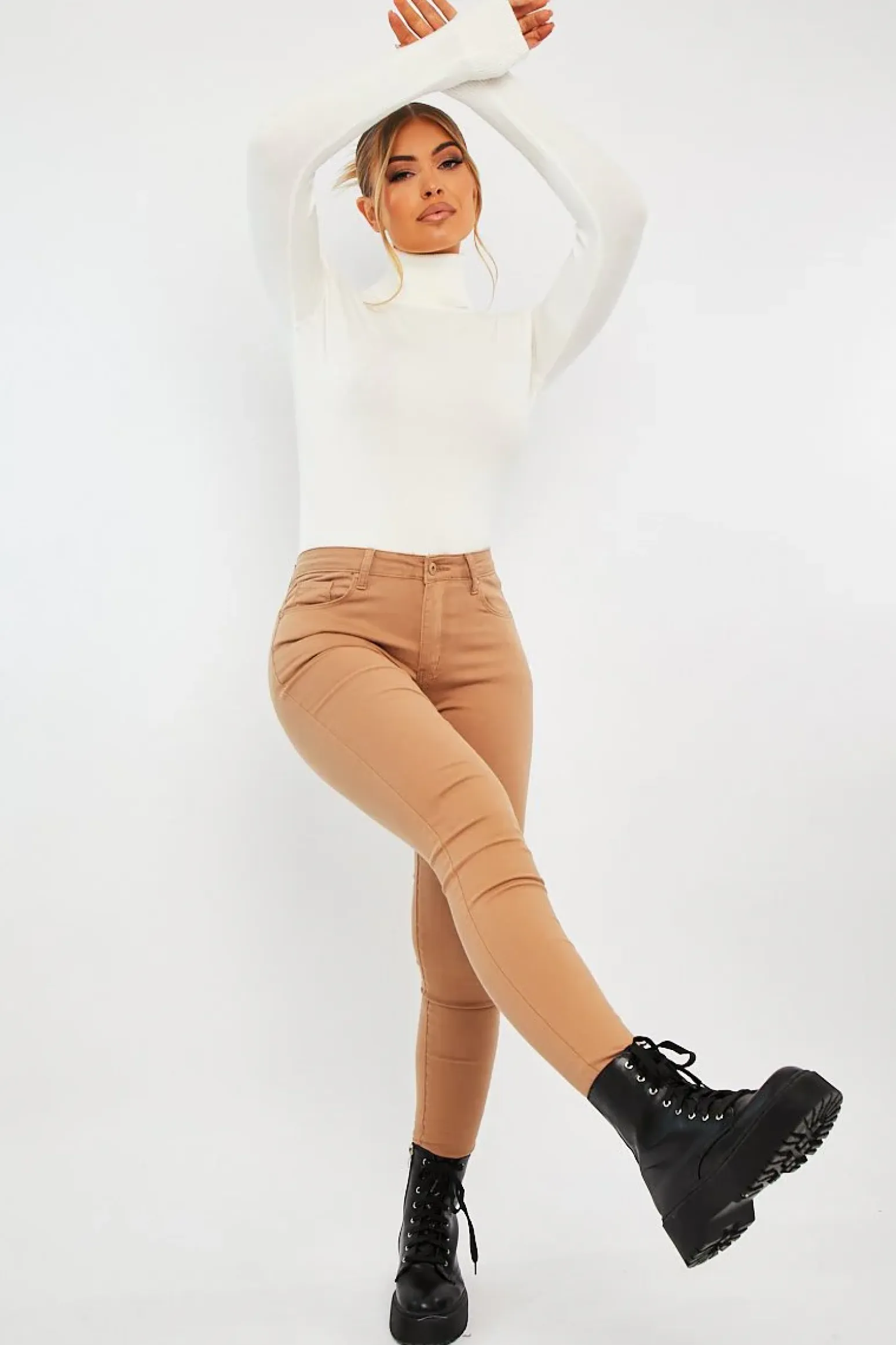 Rebellious Fashion Camel Skinny Stretch Denim Jeans - Maeva