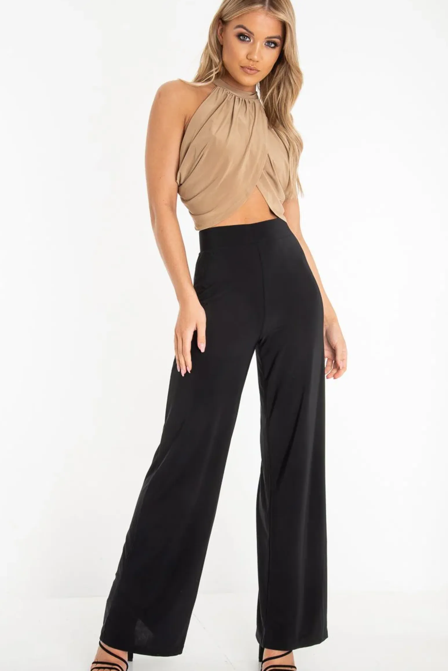 Rebellious Fashion Camel Slinky Halterneck Wrap Top - Giovanna