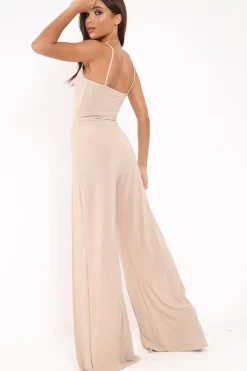 Rebellious Fashion Camel Slinky Plunge Front split leg Jumpsuit - Rutha