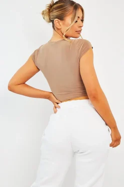 Rebellious Fashion Camel Slinky Twist Front Crop Top - Diane