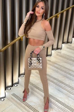 Rebellious Fashion Camel Split Front Flared Trousers - Florie