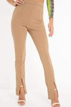 Rebellious Fashion Camel Split Front Flared Trousers - Florie