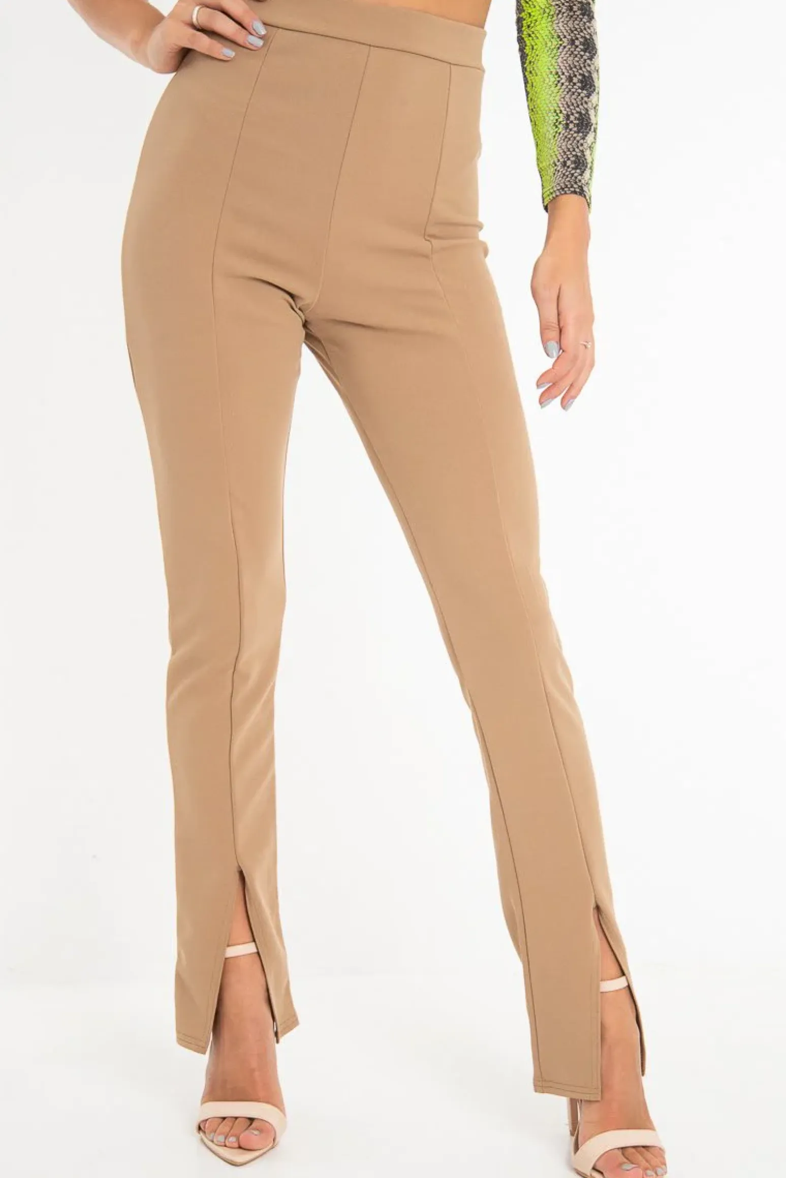 Rebellious Fashion Camel Split Front Flared Trousers - Florie