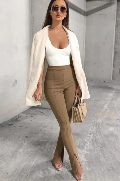 Rebellious Fashion Camel Split Front Flared Trousers - Florie