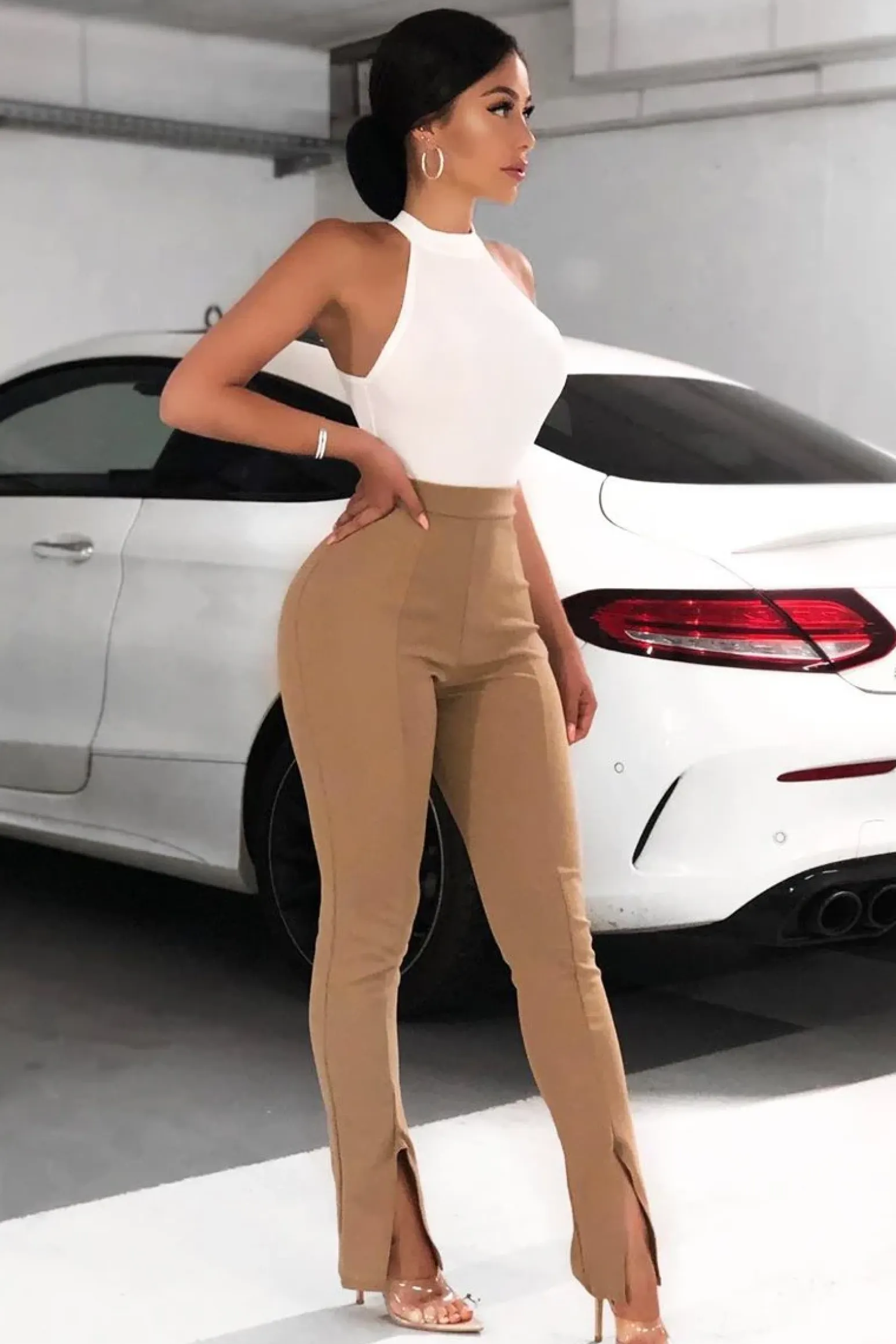 Rebellious Fashion Camel Split Front Flared Trousers - Florie