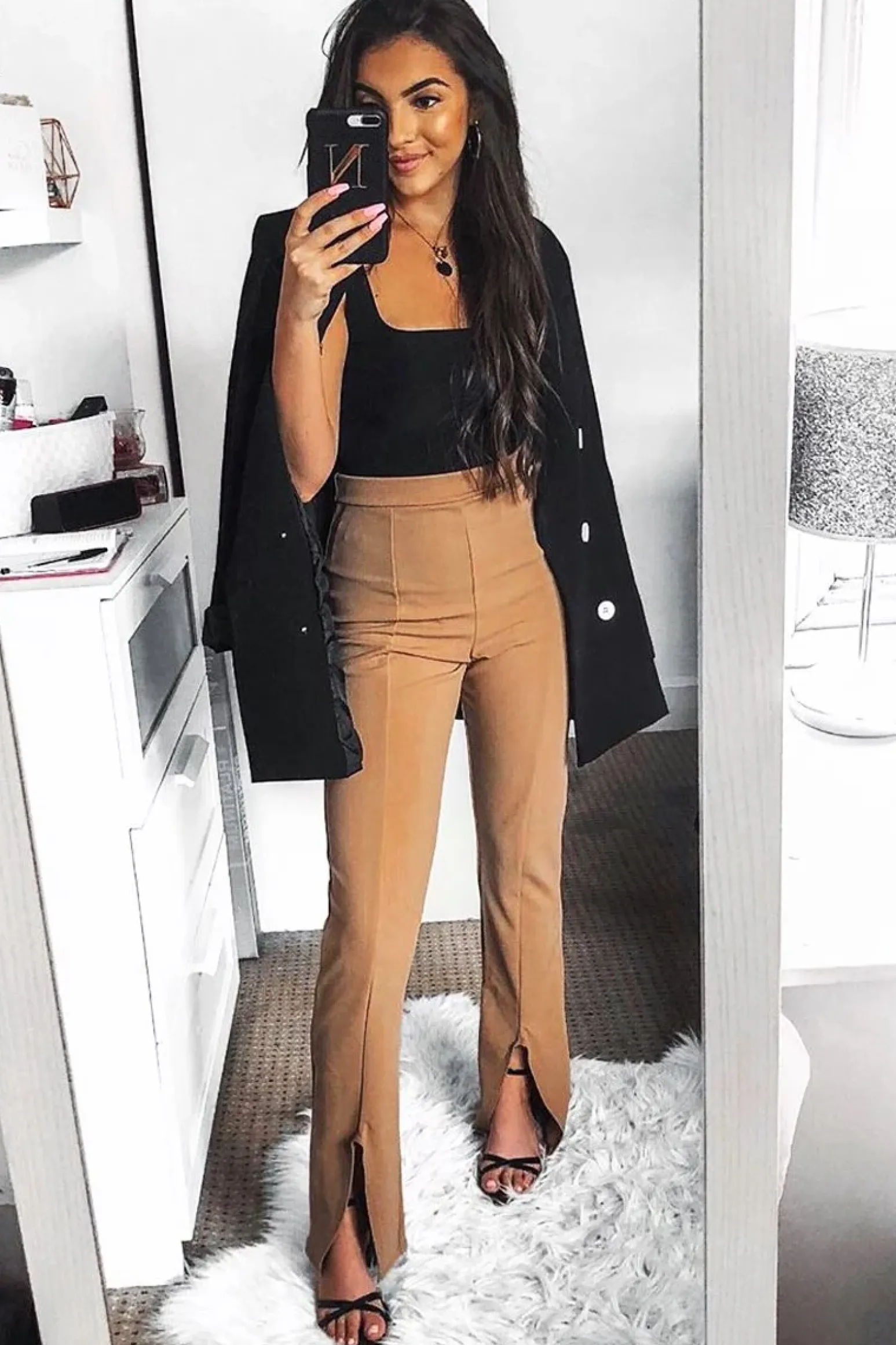 Rebellious Fashion Camel Split Front Flared Trousers - Florie