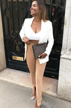 Rebellious Fashion Camel Split Front Flared Trousers - Florie