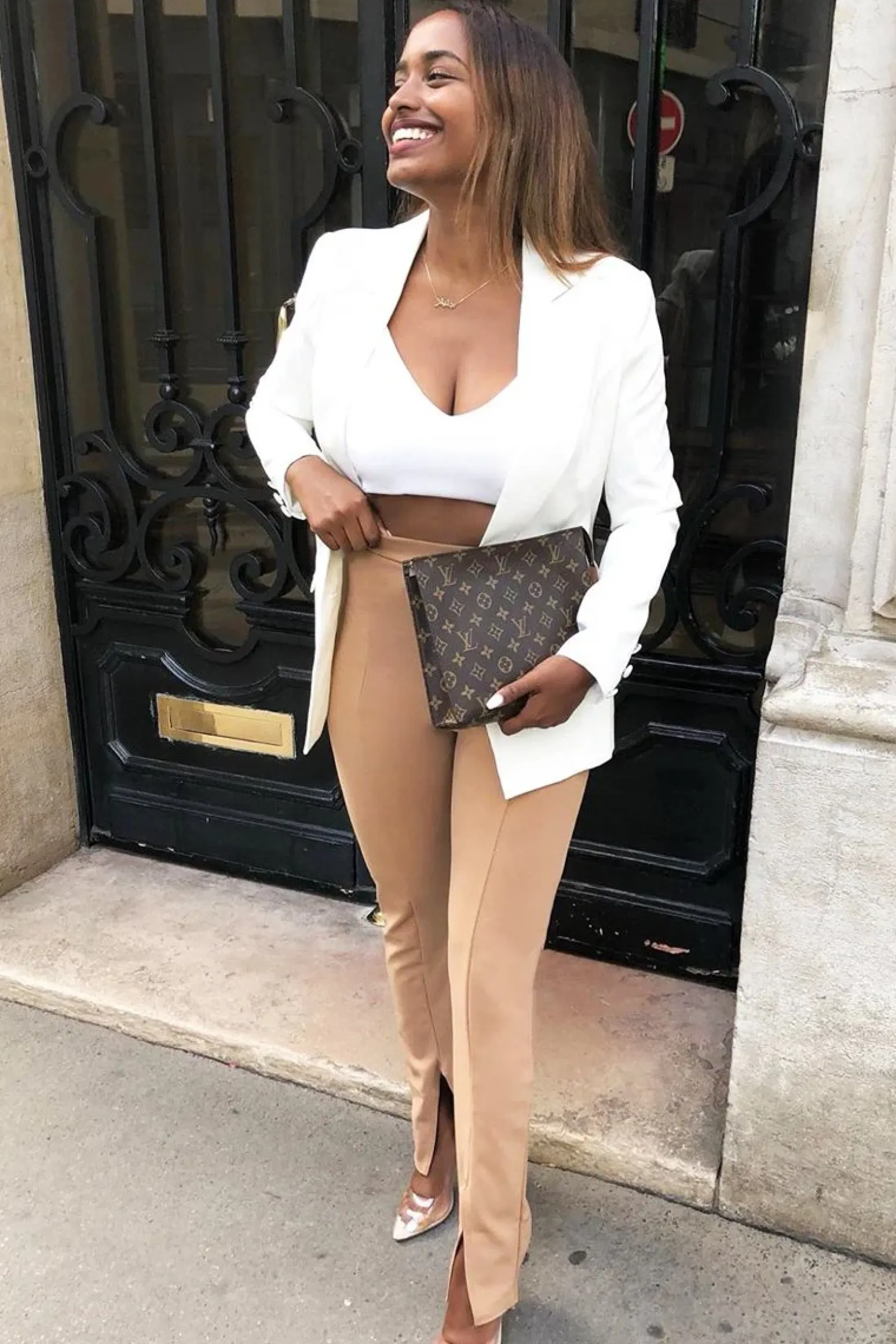 Rebellious Fashion Camel Split Front Flared Trousers - Florie