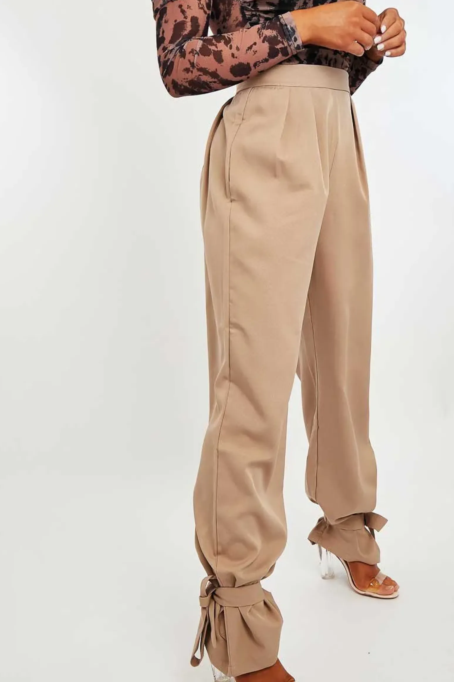 Rebellious Fashion Camel Straight Leg Ankle Tie Trouser - Darby