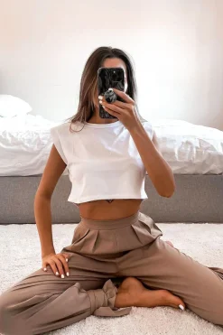 Rebellious Fashion Camel Straight Leg Ankle Tie Trouser - Darby