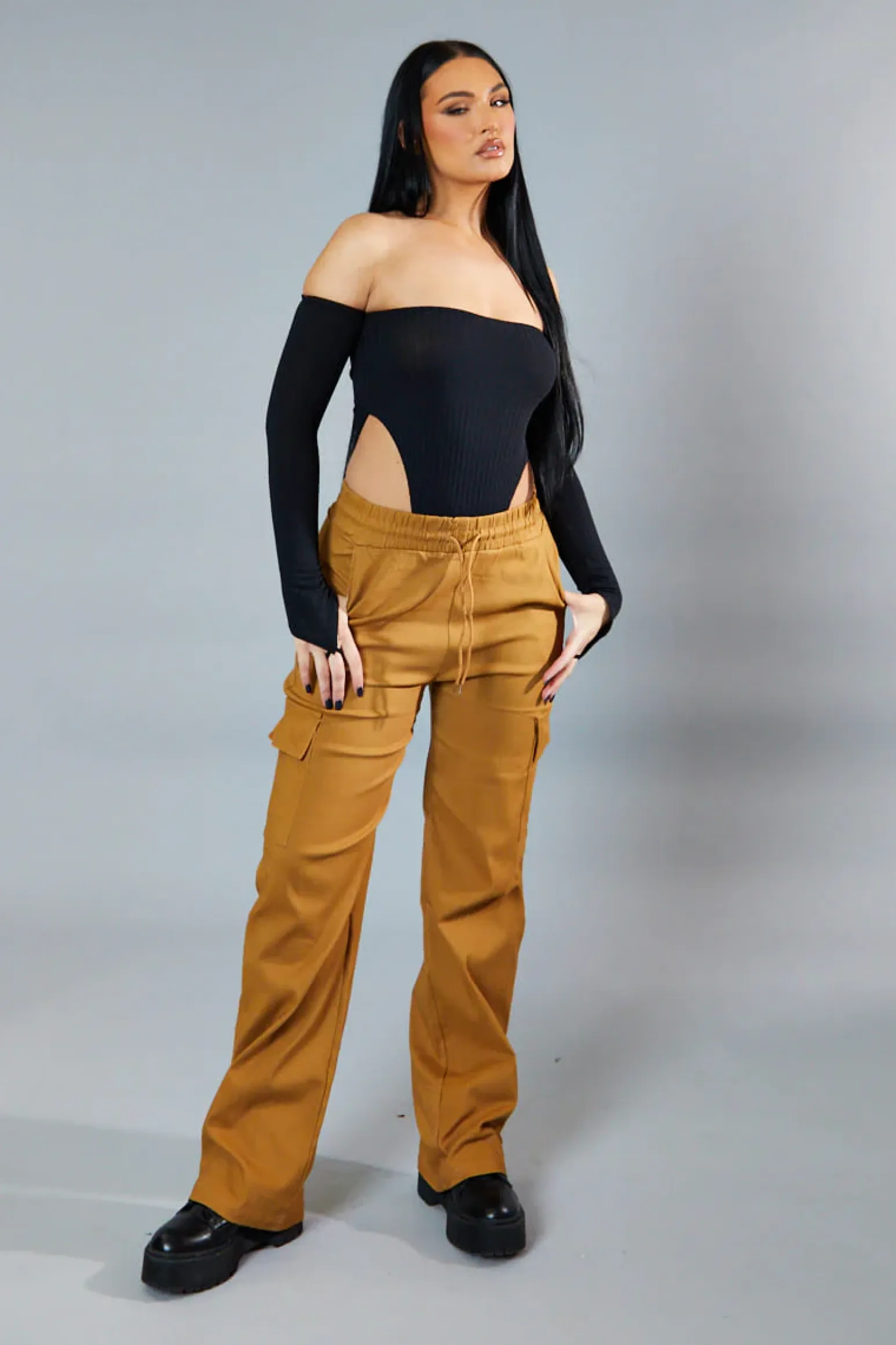 Rebellious Fashion Camel Straight Leg Cargo Trousers - Rian