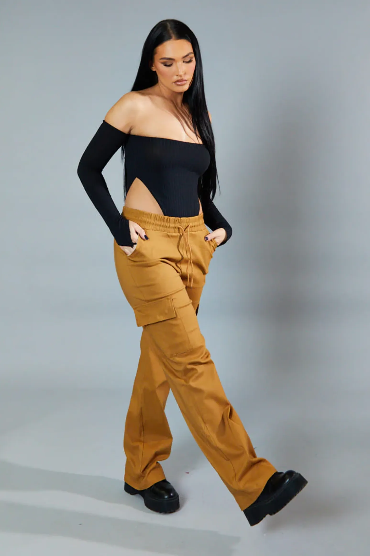 Rebellious Fashion Camel Straight Leg Cargo Trousers - Rian
