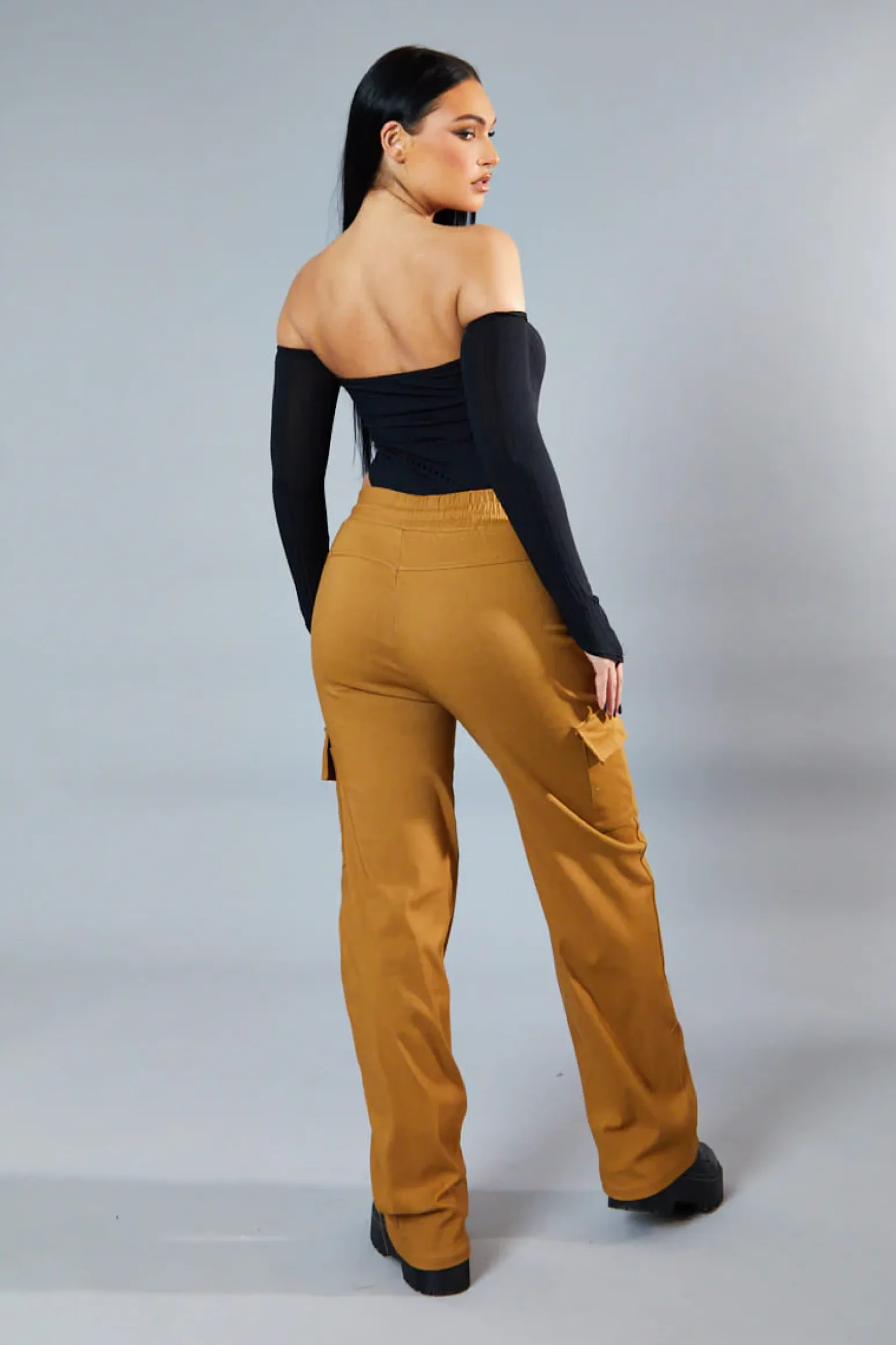 Rebellious Fashion Camel Straight Leg Cargo Trousers - Rian
