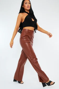Rebellious Fashion Camel Straight Leg PU Leather Trousers - Moxxi