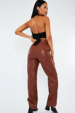 Rebellious Fashion Camel Straight Leg PU Leather Trousers - Moxxi