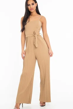 Rebellious Fashion Camel Strapless Belted Pleated Wide Leg Jumpsuit - Jasmine
