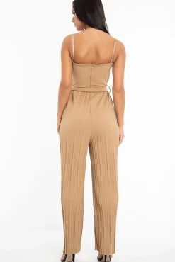 Rebellious Fashion Camel Strapless Belted Pleated Wide Leg Jumpsuit - Jasmine