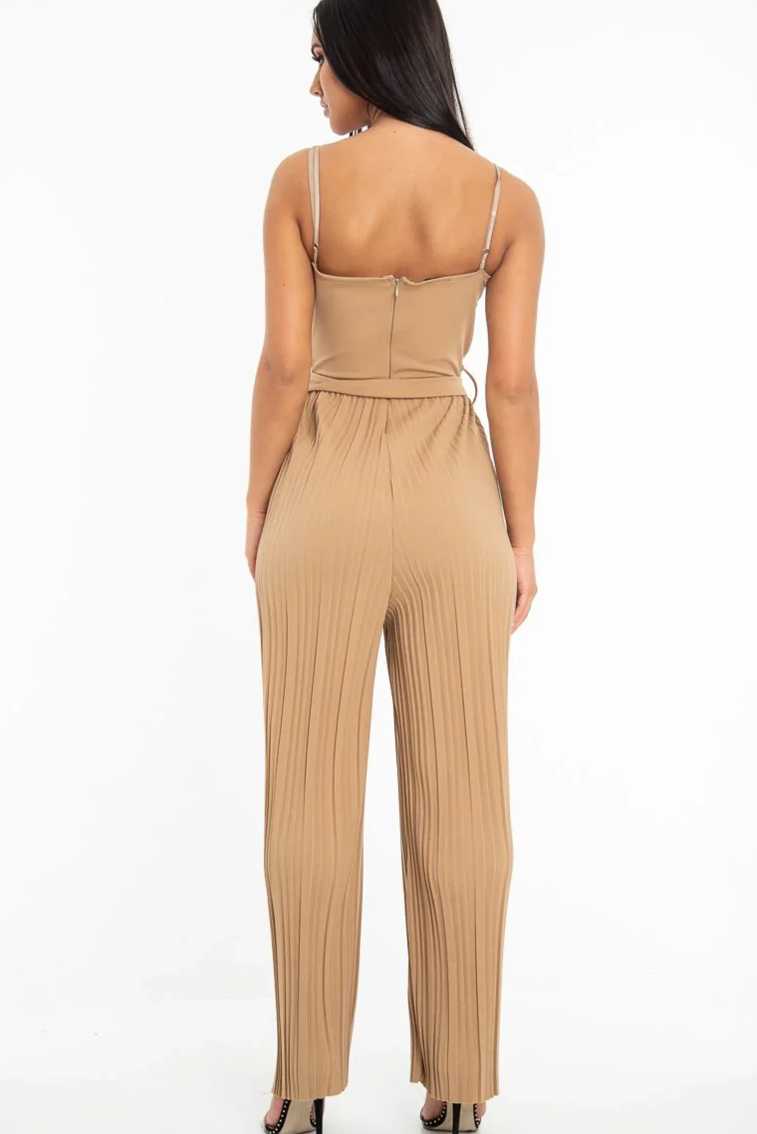 Rebellious Fashion Camel Strapless Belted Pleated Wide Leg Jumpsuit - Jasmine