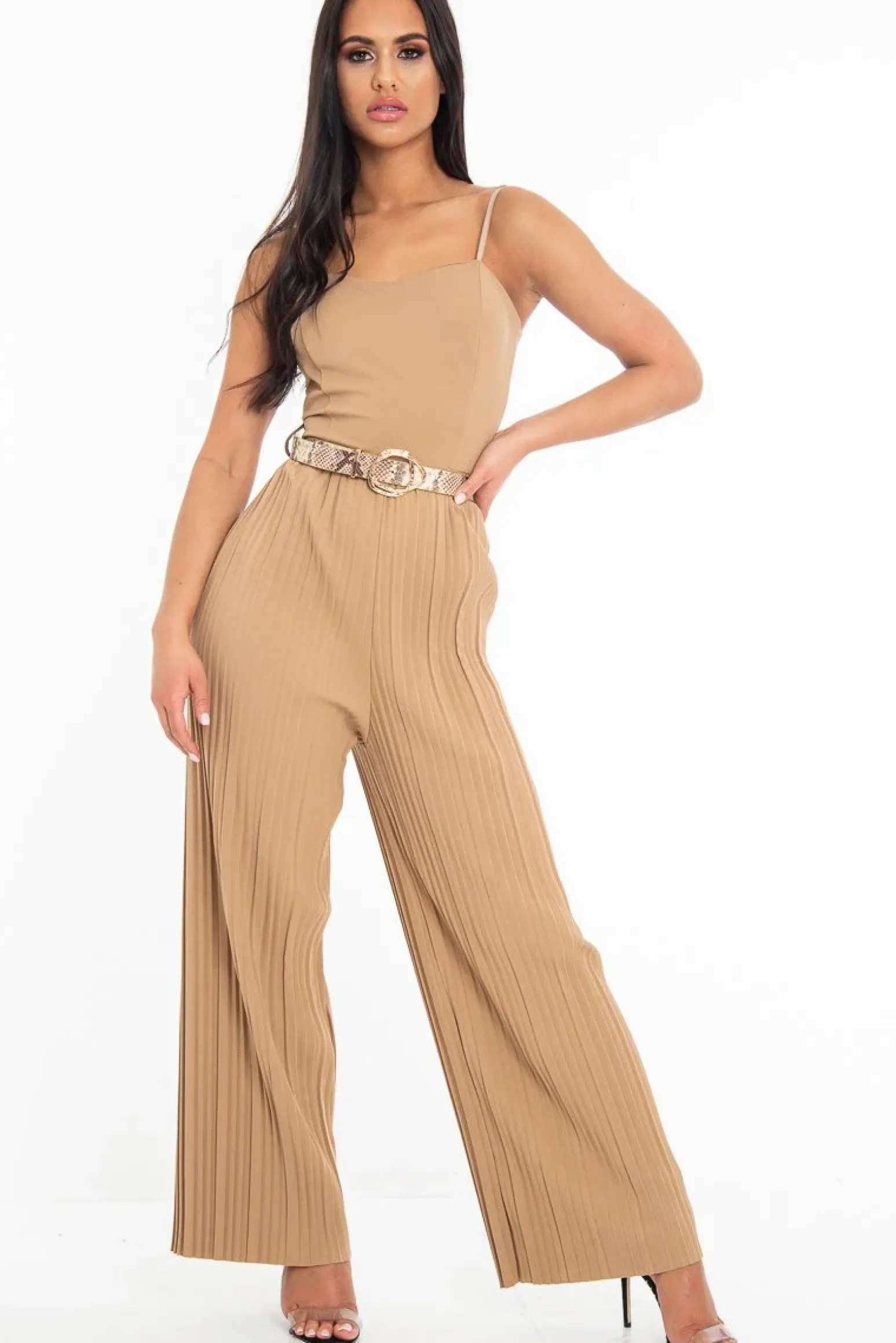 Rebellious Fashion Camel Strapless Belted Pleated Wide Leg Jumpsuit - Jasmine