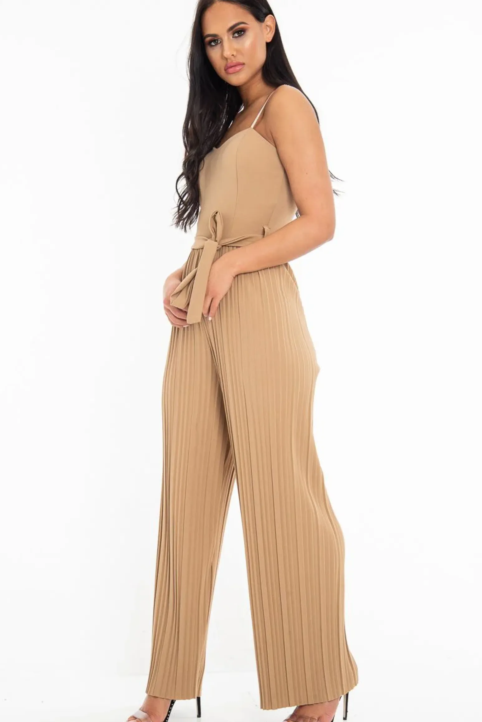 Rebellious Fashion Camel Strapless Belted Pleated Wide Leg Jumpsuit - Jasmine