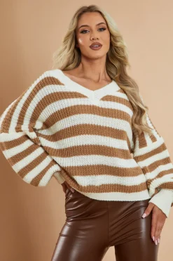 Rebellious Fashion Camel Striped Chunky Knit Oversized Cardigan - Pedra