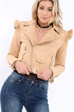 Rebellious Fashion Camel Suede Biker Jacket - Taya
