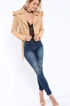 Rebellious Fashion Camel Suede Biker Jacket - Taya