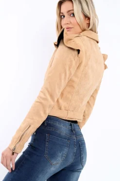 Rebellious Fashion Camel Suede Biker Jacket - Taya