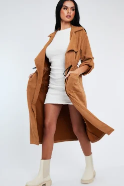 Rebellious Fashion Camel Suede Relaxed Tie Waist Trench Coat - Rora