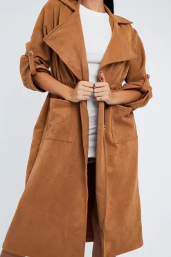 Rebellious Fashion Camel Suede Relaxed Tie Waist Trench Coat - Rora