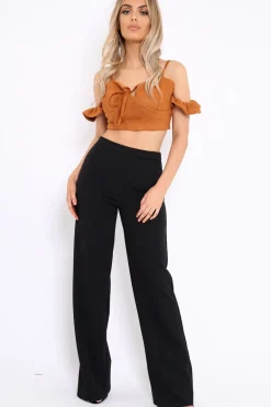 Rebellious Fashion Camel Suedette Frill Cold Shoulder Crop Top - Jacklynn