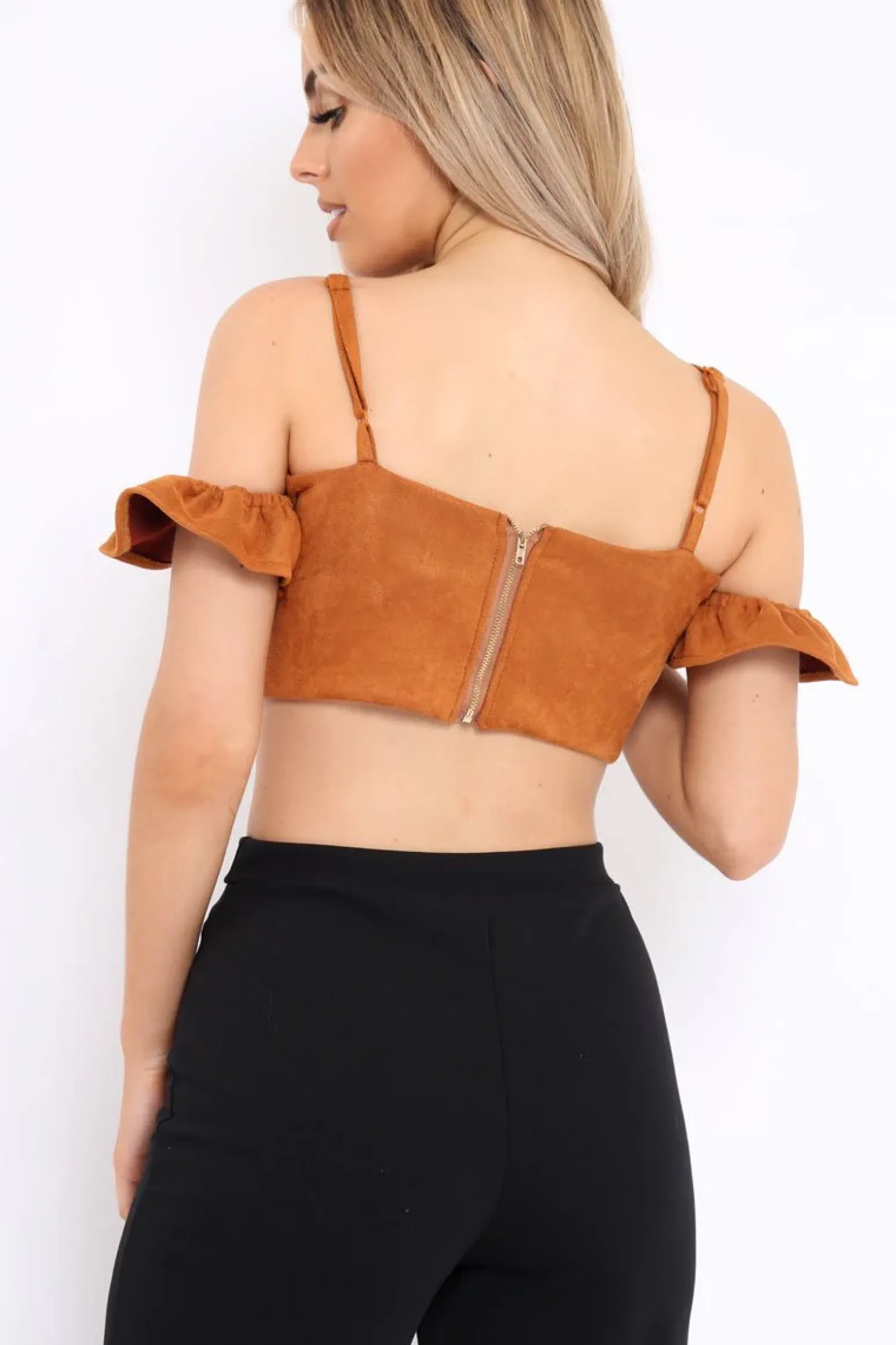 Rebellious Fashion Camel Suedette Frill Cold Shoulder Crop Top - Jacklynn