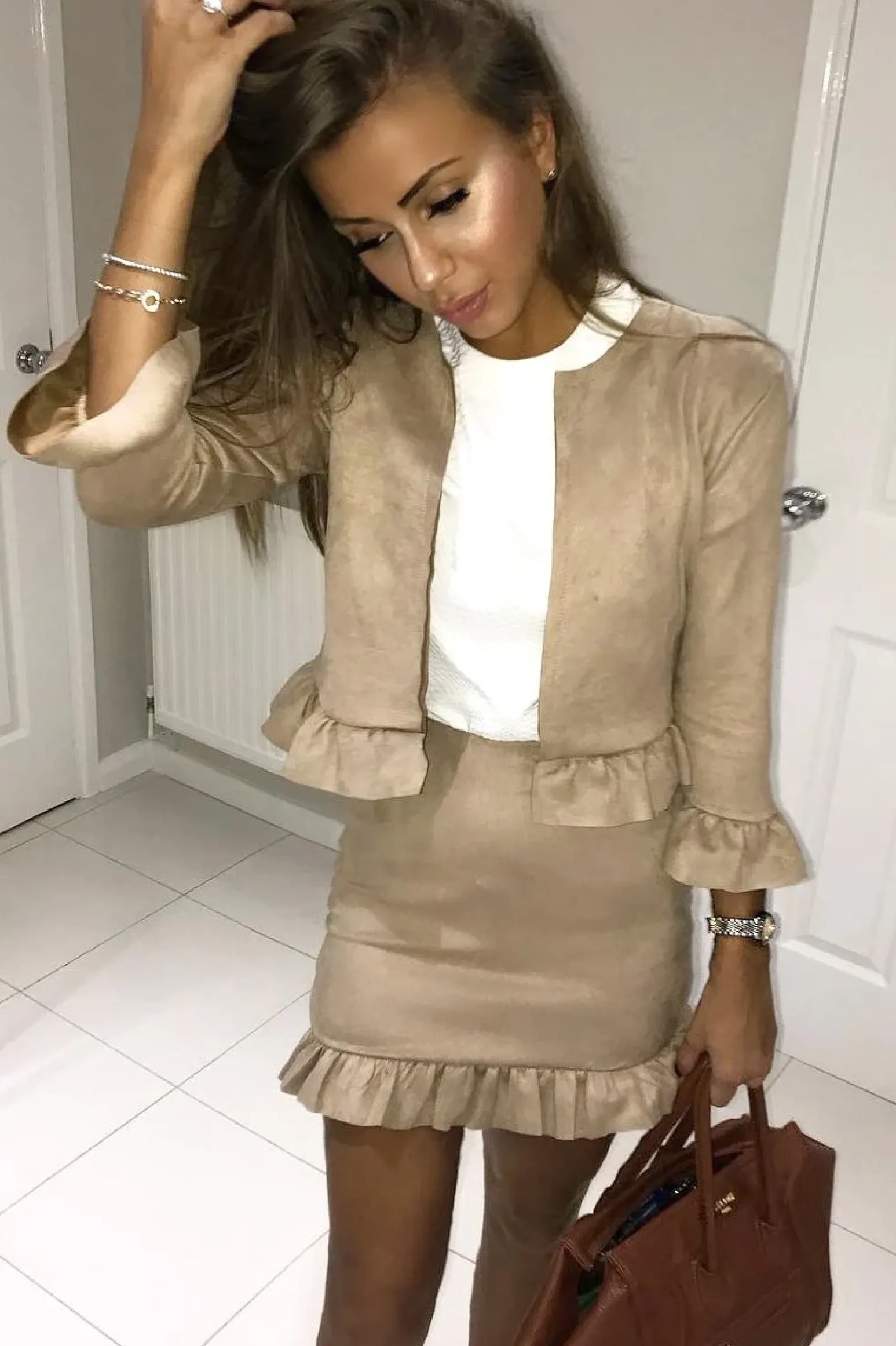 Rebellious Fashion Camel Suedette Frill Hems Jacket - Elsa