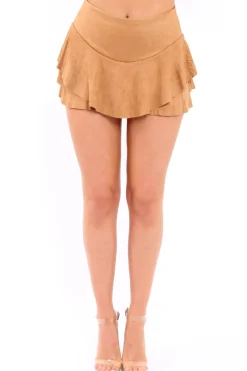 Rebellious Fashion Camel Suedette Frill High Waisted Shorts - Claudelle
