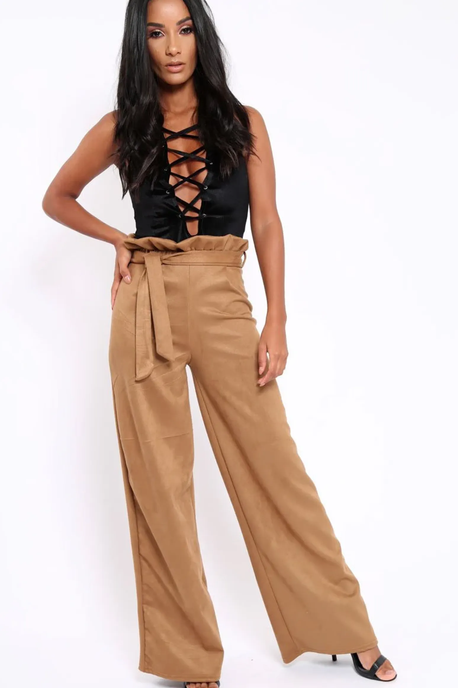 Rebellious Fashion Camel Suedette Paper Bag Tie Waist Wide Leg Trousers - Kennedy