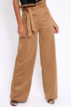 Rebellious Fashion Camel Suedette Paper Bag Tie Waist Wide Leg Trousers - Kennedy