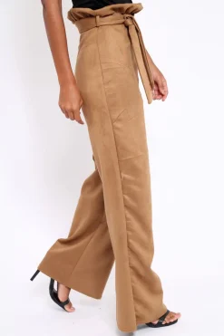 Rebellious Fashion Camel Suedette Paper Bag Tie Waist Wide Leg Trousers - Kennedy