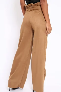 Rebellious Fashion Camel Suedette Paper Bag Tie Waist Wide Leg Trousers - Kennedy